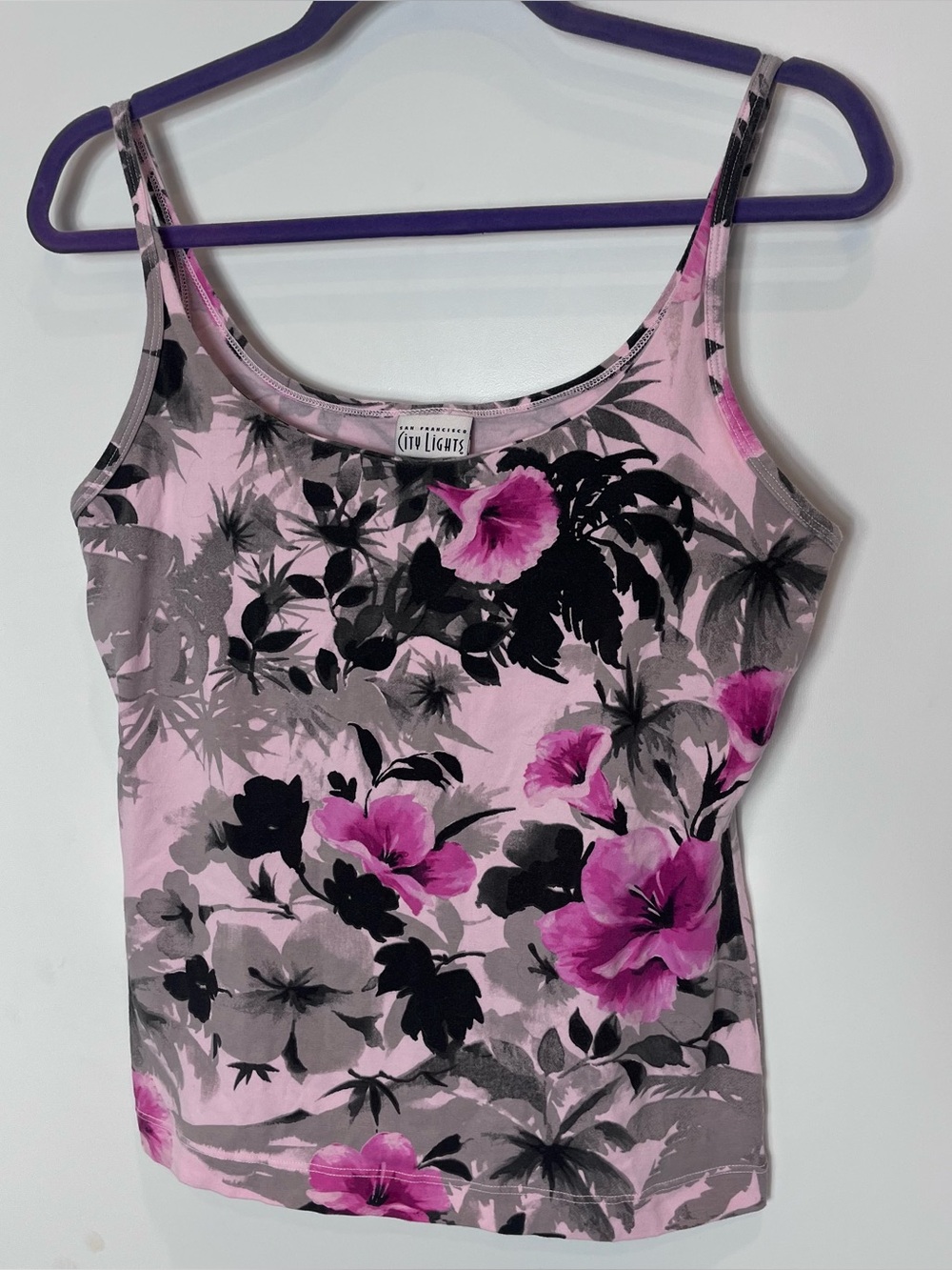 Y2K City Lights Pink Black Floral Tank Top Tropical Large Beachy Summer Cute